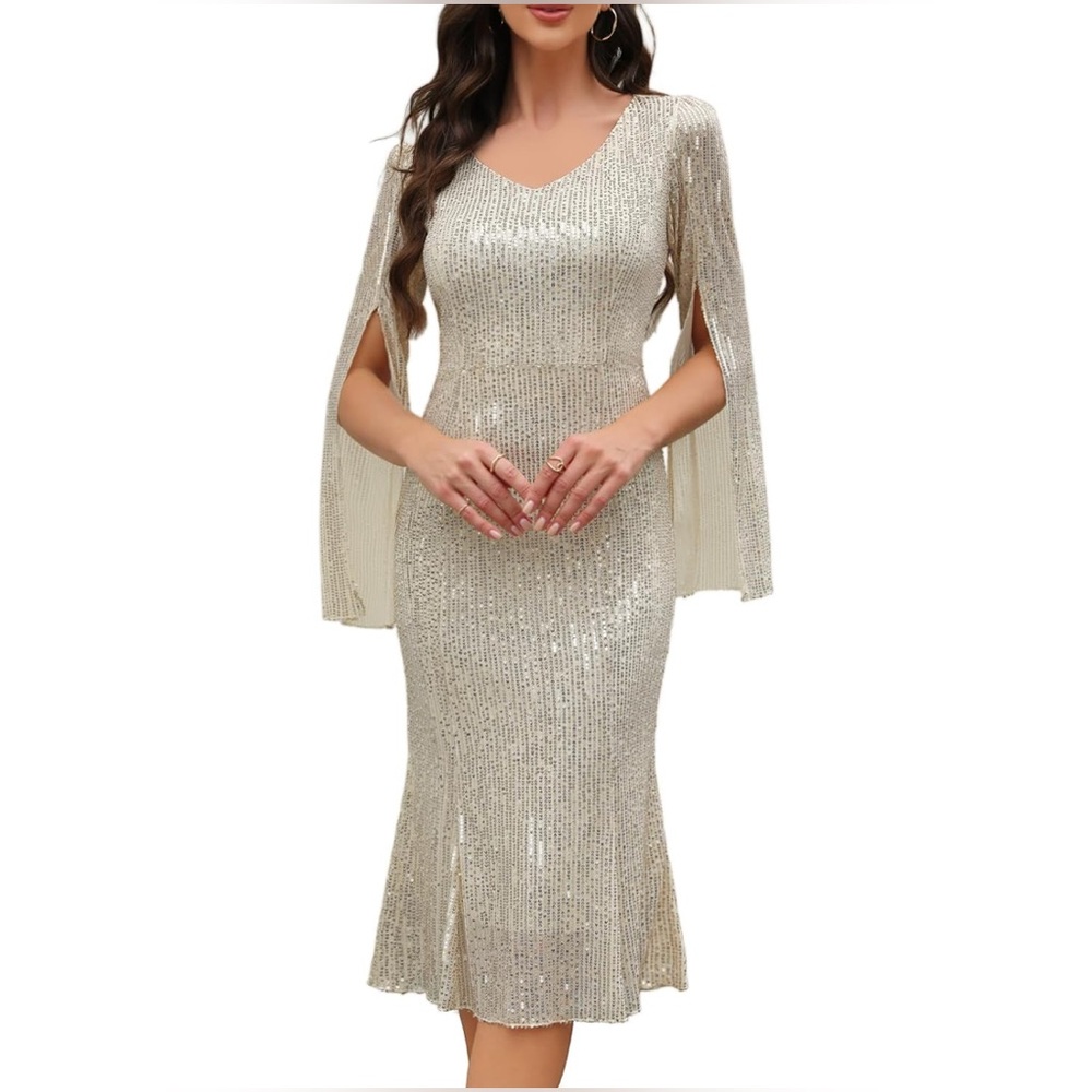 Sequin Cocktail Weddings Guest Evening Party Gowns Slim Midi Fishtail Dress
